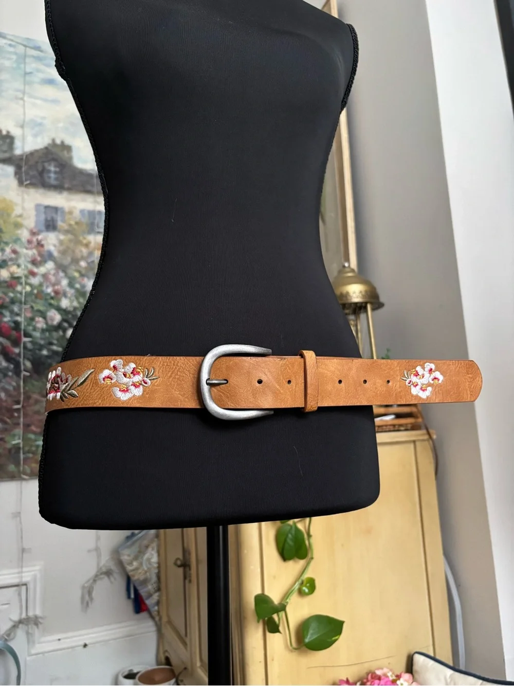Embroidered Tan Leather Belt with Silver Buckle